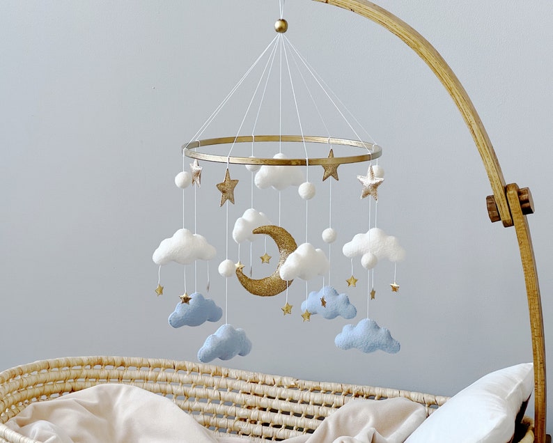 Cloud Baby Mobile Baby Boy Mobile White Blue Gold Mobile for Nursery Gender Neutral Nursery Mobile Moon Baby Crib Mobile image 7