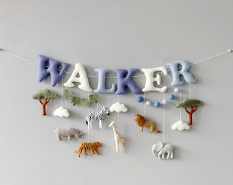 Faixa com nome personalizado: Decoração de berçário Safari, Guirlanda de feltro com tema de selva