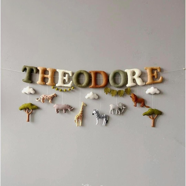 Banderín de fieltro personalizado con nombre: decoración de guardería de safari, guirnalda de jungla