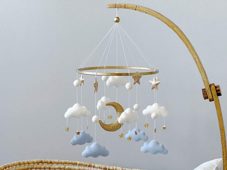Cloud Baby Mobile Baby Boy Mobile White Blue Gold Mobile for Nursery Gender Neutral Nursery Mobile Moon Baby Crib Mobile image 2