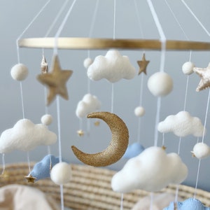 Cloud Baby Mobile Baby Boy Mobile White Blue Gold Mobile for Nursery Gender Neutral Nursery Mobile Moon Baby Crib Mobile image 5