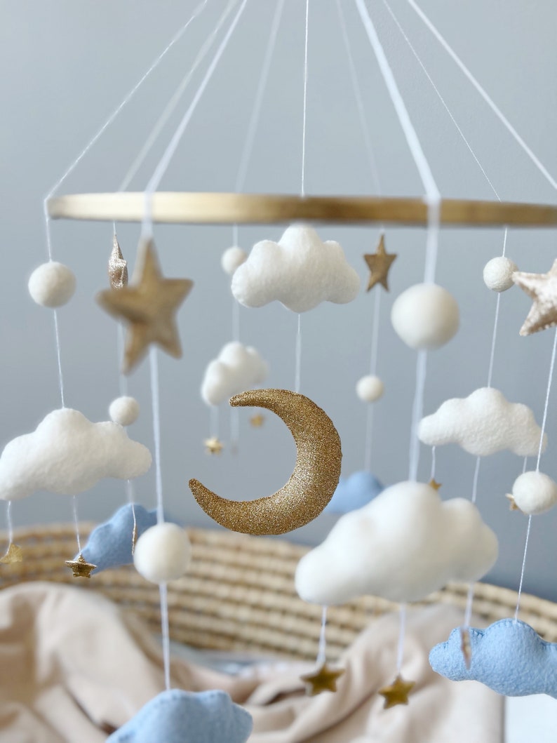 Cloud Baby Mobile Baby Boy Mobile White Blue Gold Mobile for Nursery Gender Neutral Nursery Mobile Moon Baby Crib Mobile image 5