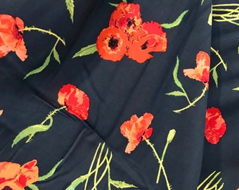 Colorful Floral on Navy Blue "Poppy Memories" Rayon Challis Fabric