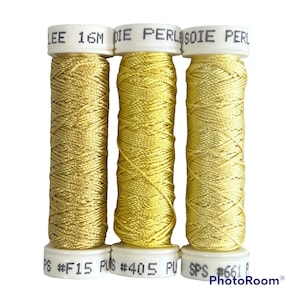 Au Ver A Soie- Soie Perlée- Buttercup/ Light Yellow Shades- 3 Spools- 100% Silk Thread
