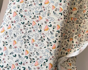 Evergreen, Pink, Ochre, Birds on Cream Jersey Knit Cotton Fabric- "Lovebirds Celeste"