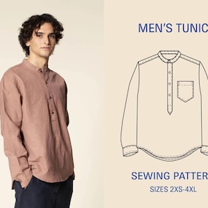 May include: A person wearing a dusty rose tunic with a mandarin collar and button placket. Next to the person is a sewing pattern illustration of the tunic. Text on the image reads "MEN'S TUNIC" and "SEWING PATTERN". Sizes 2XS-4XL.