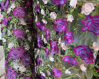 Purple, Pink, Green on Black Floral Embroidered Mesh- 58" (130)