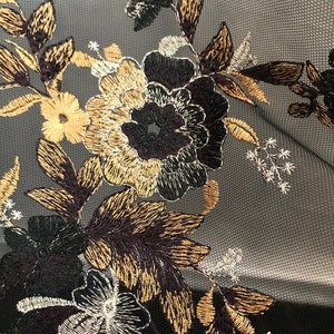 Dark Goldenrod, Black, and Gold Embroidery on Black Tulle