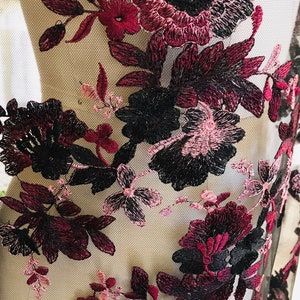 Wine, Black, and Pink Embroidery on Black Tulle