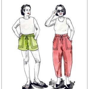 May include: Sepia No. 41 Pants + Short sewing pattern from Closet Core Patterns. The pattern features two illustrations of women wearing the pants and shorts. The woman on the left is wearing a green pair of shorts and the woman on the right is wearing a red pair of pants.