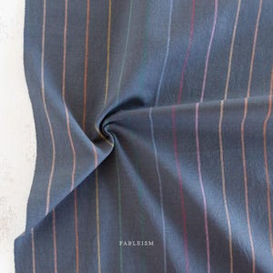 May include: Close-up of a folded piece of fabric. The fabric is a dark blue-gray color with vertical stripes in various colors, including orange, pink, and blue. The word "FABLEISM" is printed in white on the fabric.