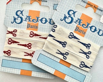 Sajou Ribbon Red/ Blue/ Pink/ Black on Ecru- Scissors- 1 Meter on Card