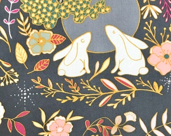 Pink, Mustard, Green, Magenta on Dark Gray Floral, Rabbits/ Bunnies Cotton Fabric- "Moon Stories Spark"