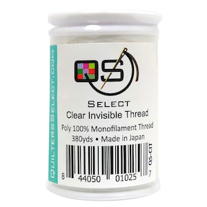 May include: A white spool of clear invisible thread. The label reads "SELECT Clear Invisible Thread" and "Poly 100% Monofilament Thread". The spool contains 380 yards of thread and is made in Japan.