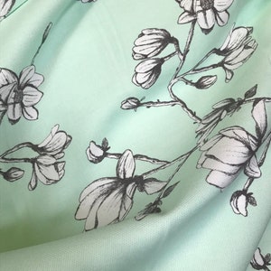 Mint Green, White Flowers "Magnolia Study Fresh" Canvas Fabric