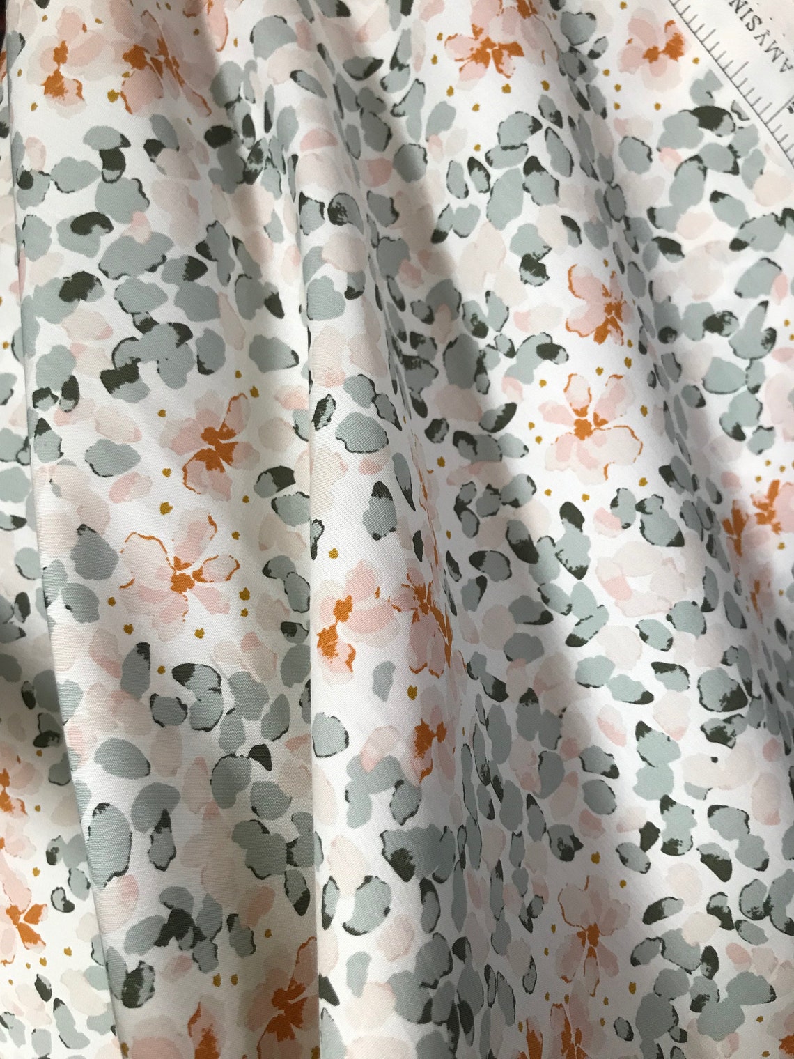 Peach Pink Sage Floral Cotton Fabric Etsy