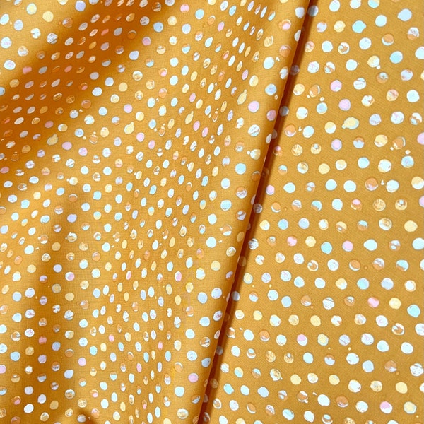 Blue, Pink, and Yellow on Ochre "Dots Tile Four" Polkadots Cotton Fabric