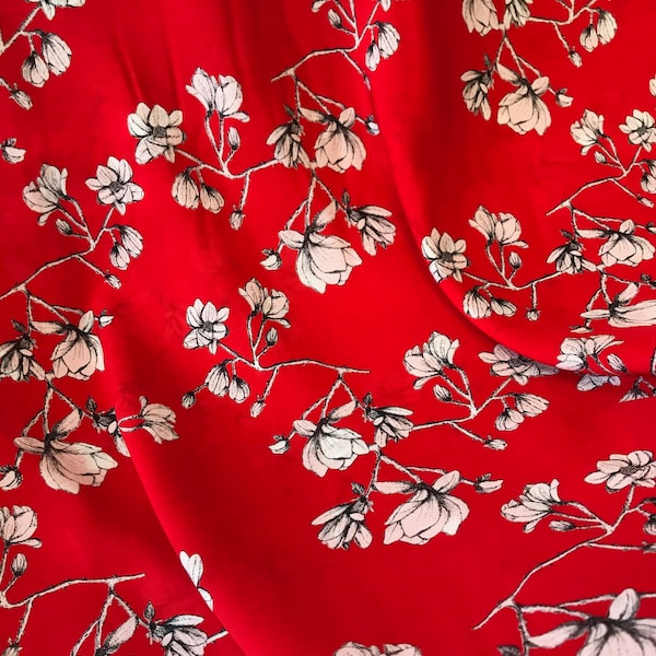 Red and Off-White "Magnolia Study Silkroad" Rayon Challis Fabric