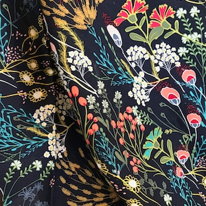 Colorful Floral on Navy Blue &quot;Meadow Dim&quot; Rayon Challis Fabric