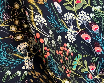 Colorful Floral on Navy Blue &quot;Meadow Dim&quot; Rayon Challis Fabric