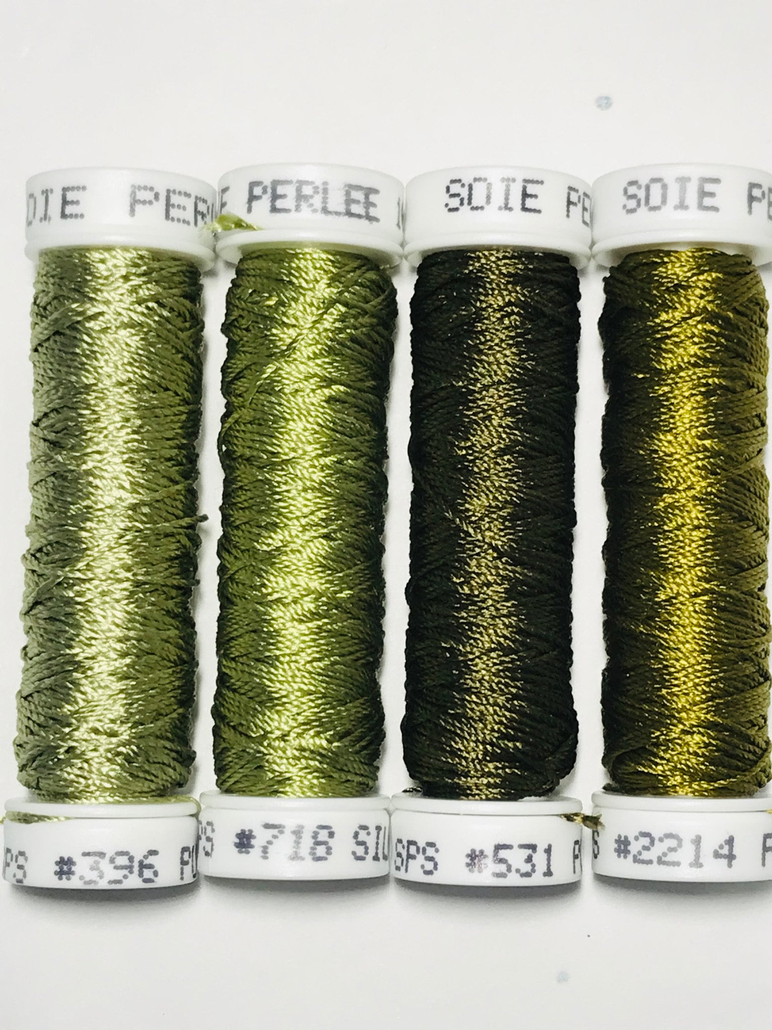 Au Ver A Soie- Soie Perlée- AUTUMN Green Shades- 4 Spools 100% Silk Thread