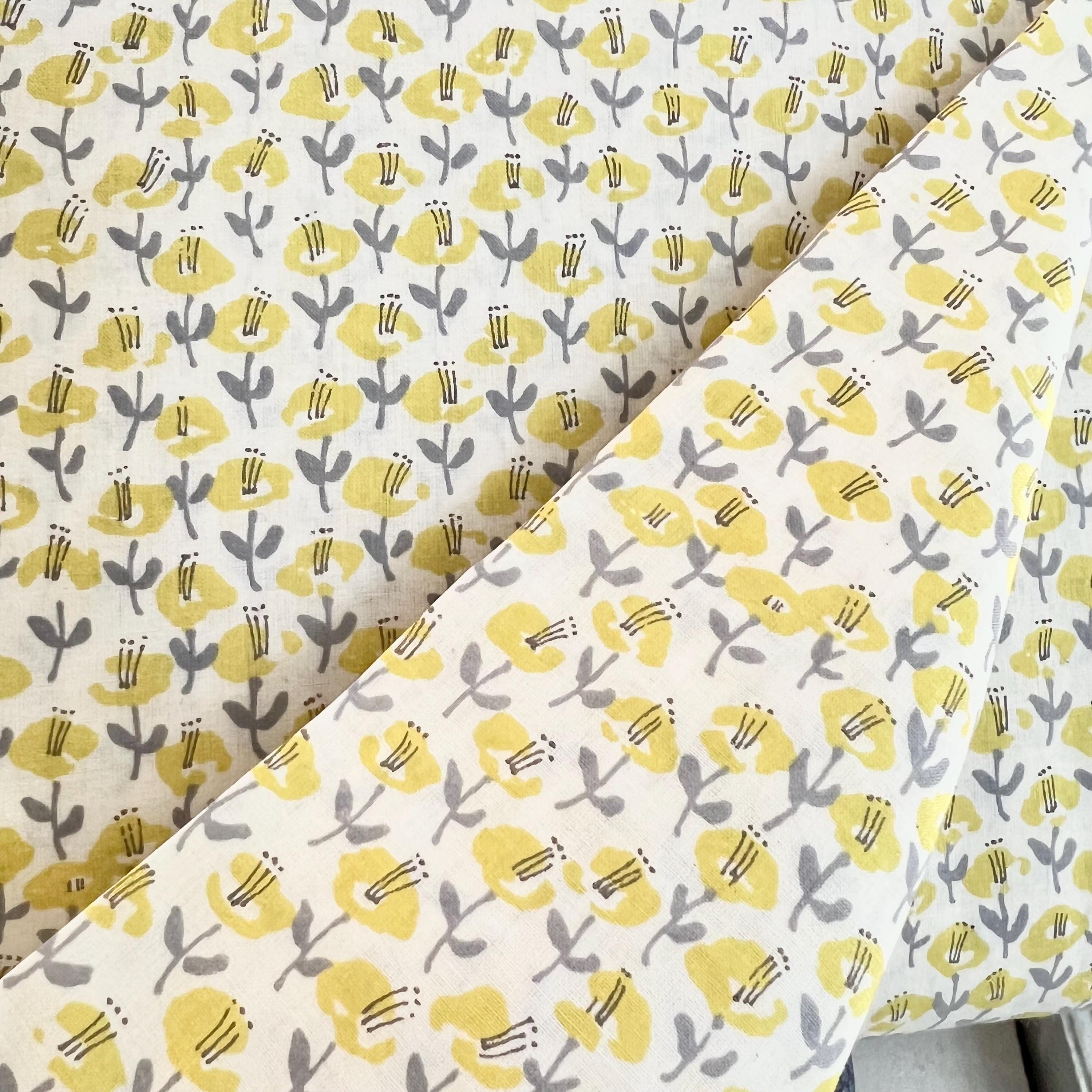 Yellow, Gray on White- Cotton Lawn- 42” Wide- Floral Print- “Le Midi Lawn”- Sevenberry