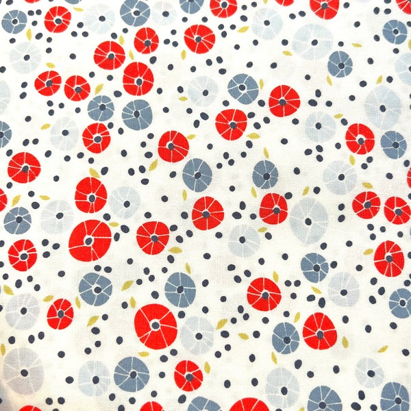 Red, Gray-Blue, Gray and White Floral Cotton Fabric- "Barnacles Cherry"