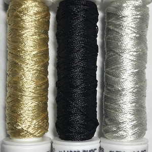 Au Ver A Soie- Soie Perlée- Black/ White/ Pale Gold Shades- 3 Spools- 100% Silk Thread