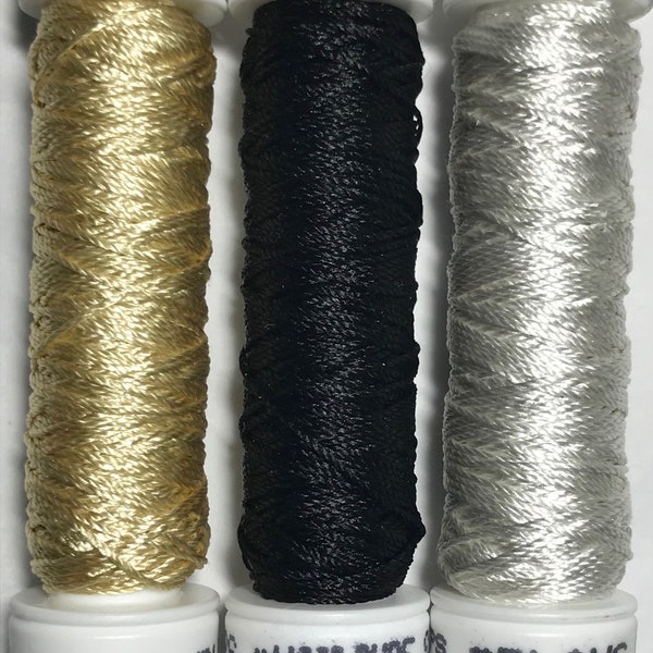 Au Ver A Soie- Soie Perlée- Black/ White/ Pale Gold Shades- 2 OR 3 Spools- 100% Silk Thread