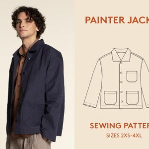 Peut inclure: Patron de couture pour une veste de peintre. Le patron comprend les tailles 2XS-4XL. L'image montre un dessin au trait de la veste et une personne portant une veste similaire.