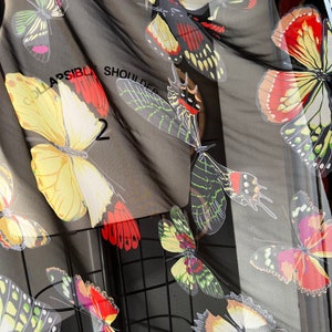 Colorful Butterflies on Black Silk Crepe Georgette, 44&quot; Wide