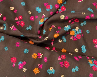 Fuchsia, Orange, Blue Flowers on Deep Brown (Almost Black) "Dreamlike Daisies" Rayon Challis Fabric