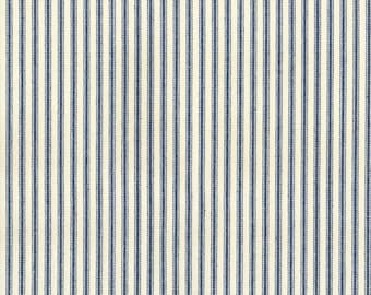 May include: Close-up of a fabric with a repeating pattern of vertical blue stripes on a cream background. The stripes are evenly spaced and create a classic, textured look. This fabric is suitable for various sewing and crafting projects.