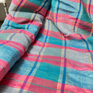Laundered Linen- FRUIT CAKE- European Linen Check- Teal Blue, Raspberry Pink, Pale Yellow