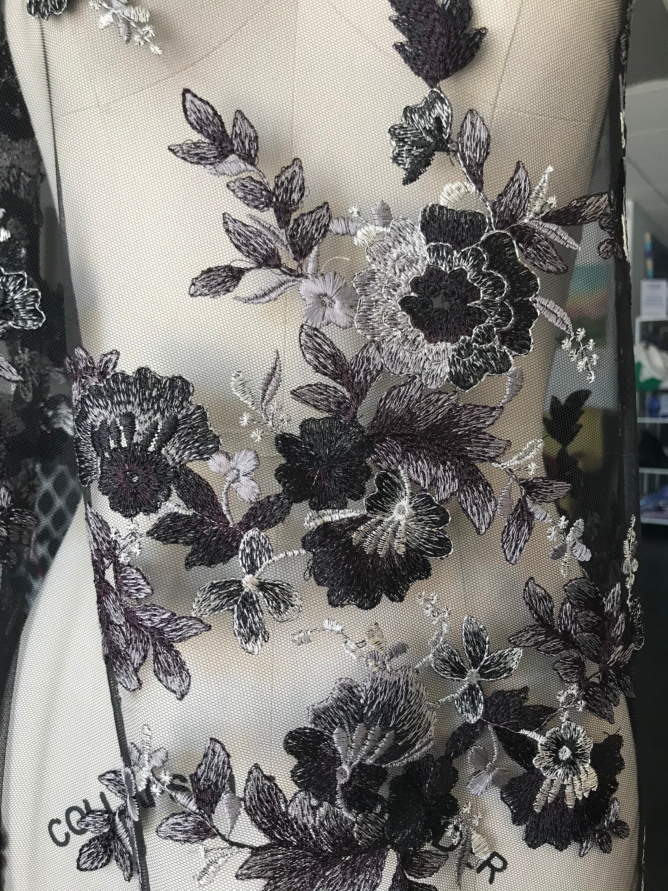 Black and Eggplant Purple Amethyst Embroidery on Black Tulle