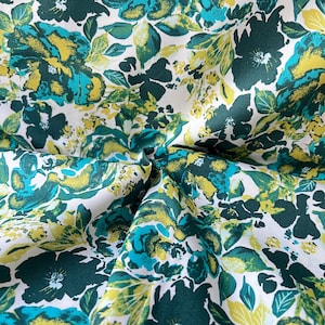 Teal, Forest Green, Chartreuse  on White- Floral &quot;Dressing Room Teal&quot; Cotton Fabric- Art Gallery