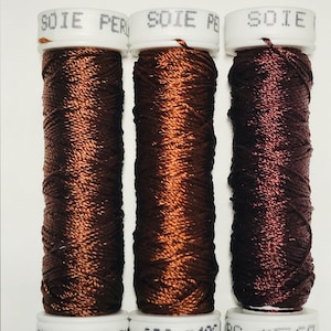 Au Ver A Soie- Soie Perlée- Mahogany Shades- 3 WOODEN Spools 100% Silk Thread