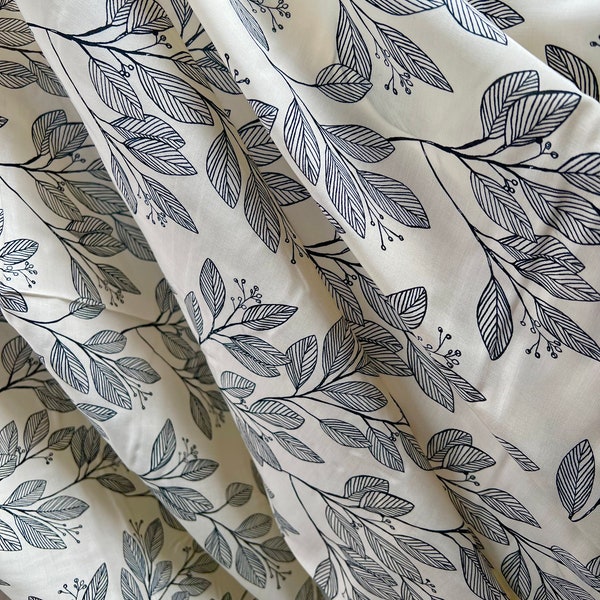 Botanical, Leaves On Ecru "Laurel Daring" Rayon Challis Fabric- FINAL CALL