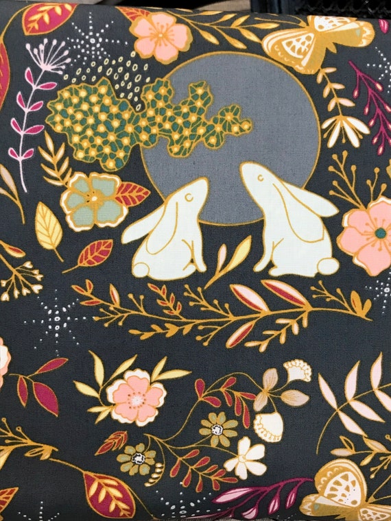 Pink Mustard Green Magenta on Dark Gray Floral Rabbits/ - Etsy