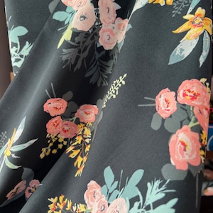 Yellow, White, Pink Floral on Dark Teal &quot;Giardini di Augusto&quot; Cotton Fabric