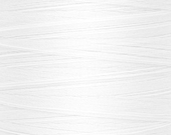 May include: A spool of bright white sewing thread wound tightly in a crisscross pattern. The individual strands of the thread are clearly visible, creating a textured surface across the entire frame of the spool, showing a consistent white color.