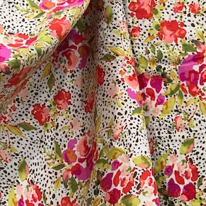 Colorful Floral on Black, White &quot;Manhattan&#39;s Foliage&quot; Rayon Challis Fabric