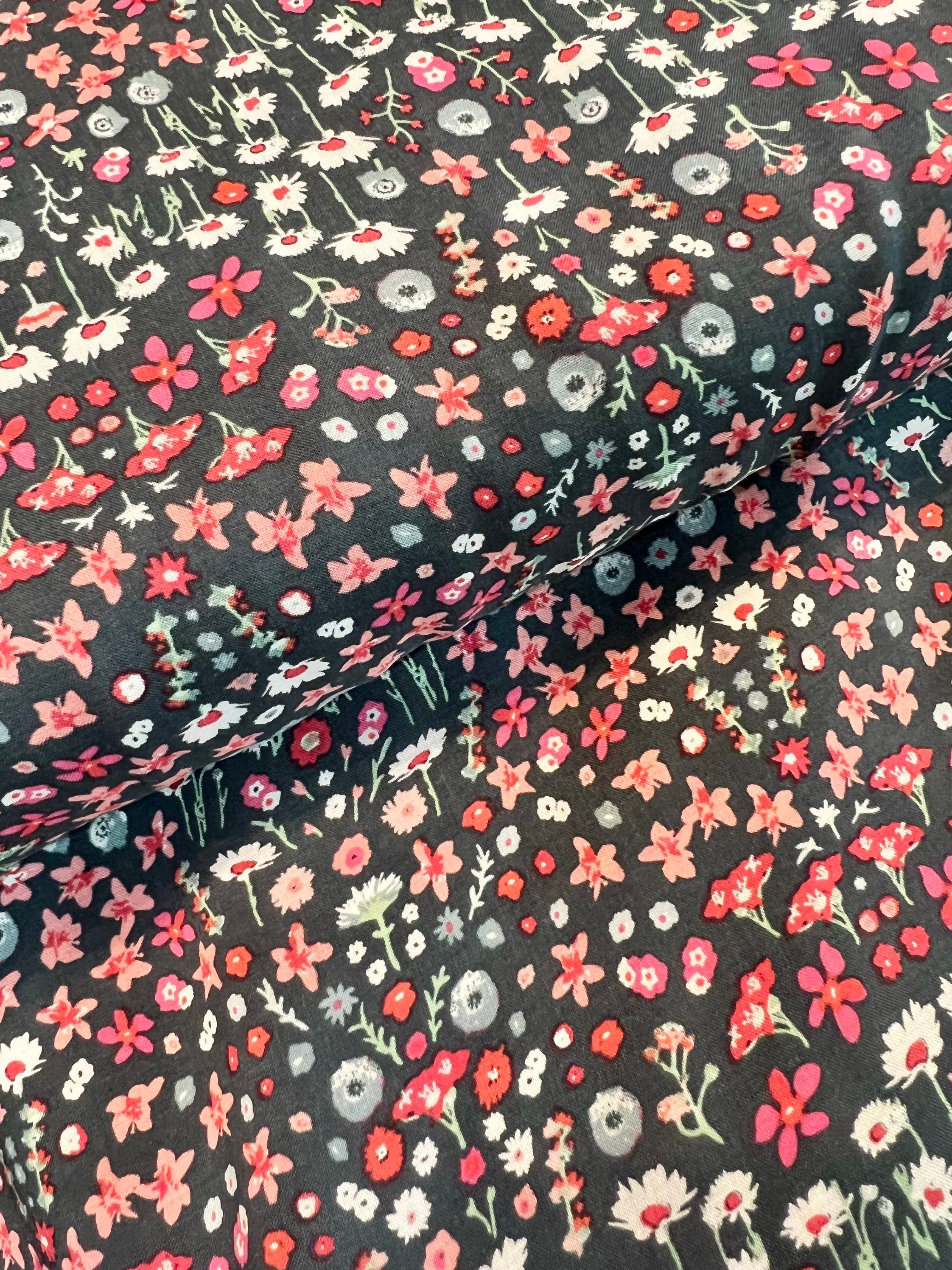 Black Pink Ditsy Floral Pattern Printed On Rayon Challis Fabric