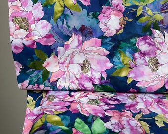 Orchid, Coral, Green, Teal on Dark Blue, Large Florals- 44” Wide Cotton Fabric- “Hydrangea"