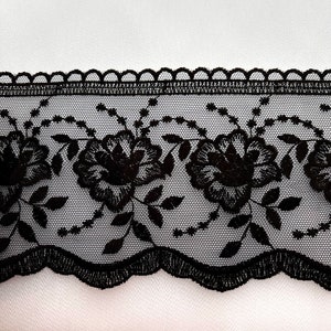 Black Floral Embroidery on Tulle- Lace Trim 3519- 4 1/8&quot; Wide