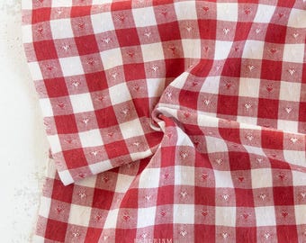 Dobby Hearts Gingham in Cherry- Queen of Hearts- Fableism- 54” Wide- Red and White