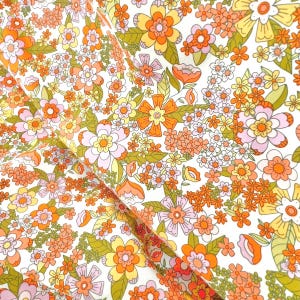 Orange, Green, Lilac, Yellow on Off White Floral Print Cotton Fabric- &quot;Stay Groovy Sunshine&quot;