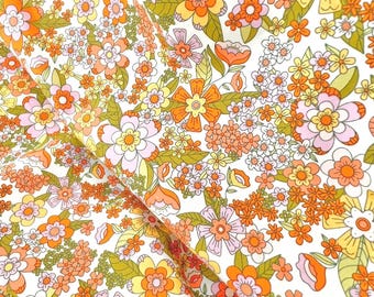 Orange, Green, Lilac, Yellow on Off White Floral Print Cotton Fabric- "Stay Groovy Sunshine"