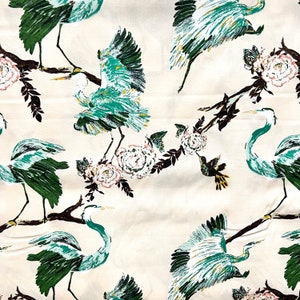 Dark Green, Bird Print Cotton Fabric- “Herons Grace&quot;