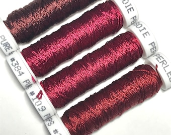 Au Ver A Soie- Soie Perlée- Red Wine Shades- 4 Spools 100% Silk Thread